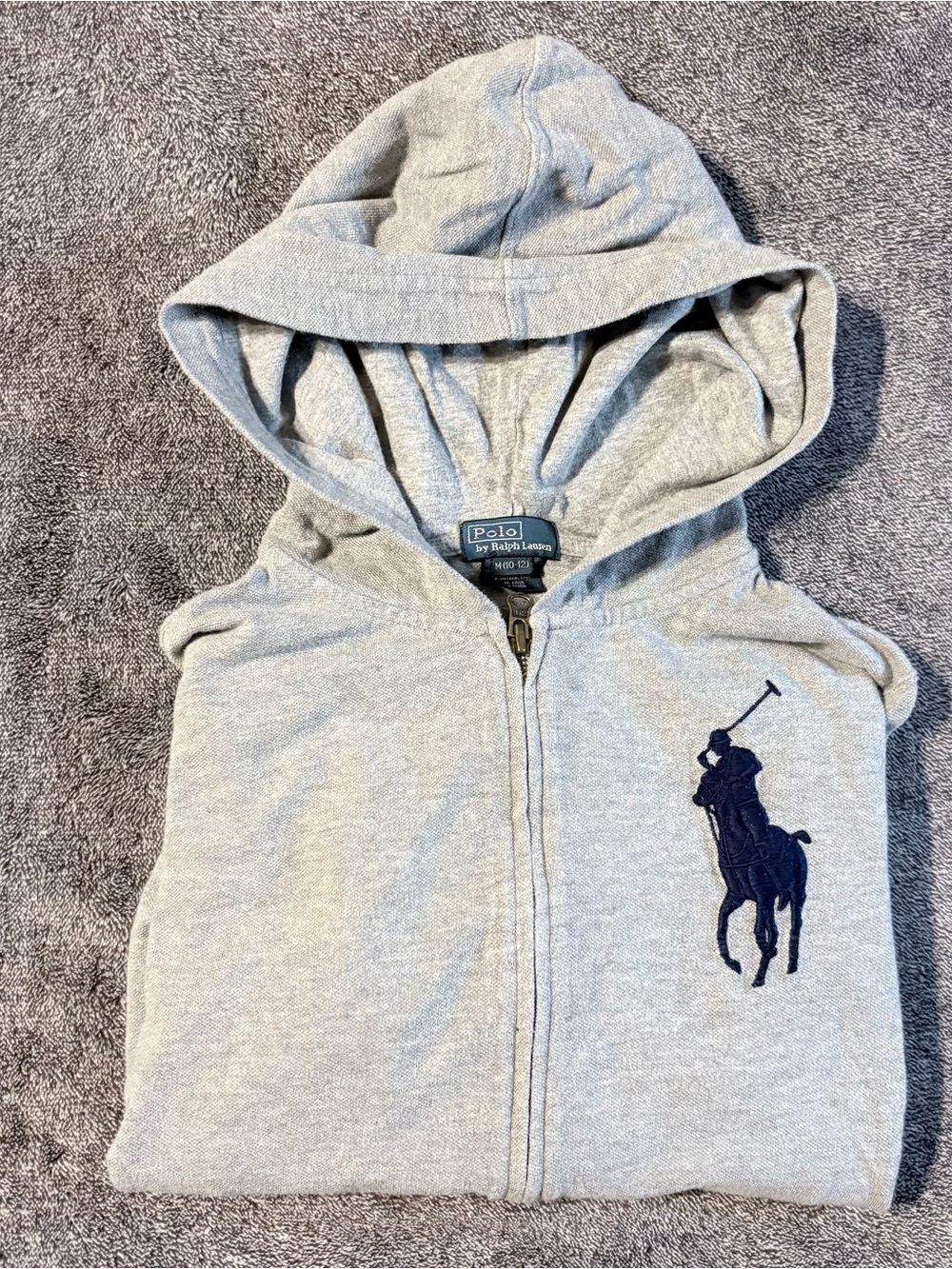 Ralph Lauren Light Gray Kids Hooded Zip-Up Sweatshirt with Navy Polo Logo